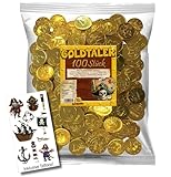 Tise Schoko-Goldtaler Euromünzen für Kindergeburtstag Schatzsuche Karneval Fasching Wurfmaterial, 100 Stück inkl. Tattoos