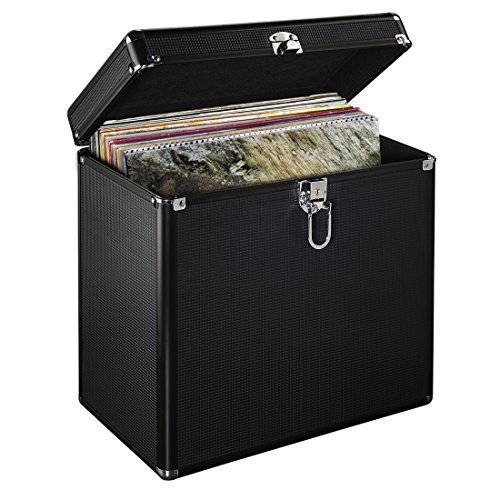 Hama LP-Koffer im Alu-Look (zur Aufbewahrung von 50 Schallplatten, abschließbar) Vinyl Aufbewahrungsbox, Plattenkoffer schwarz