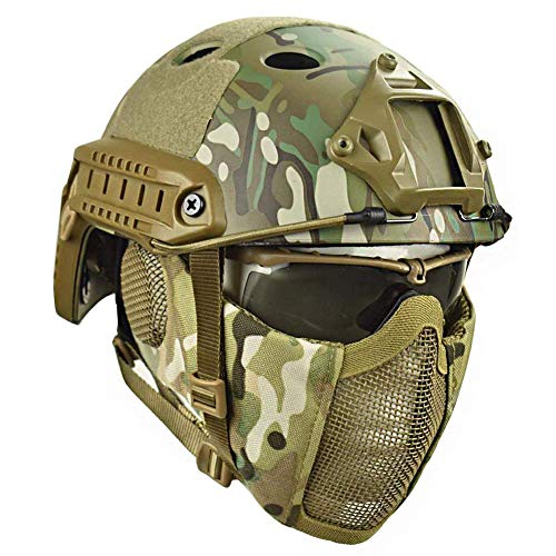 JYKOO Draussen Taktische Helme Schutzbrille Mit Stahlgittermaskenhelm Airsoft Paintball Schutzhelme CS Game Set Schutzausrüstung,OT