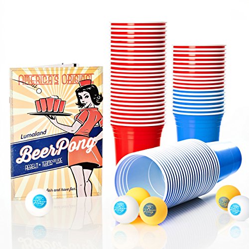 Lumaland Partybecher 50 oder 100 Stück 16 oz Trinkbecher als Party Set extra Starke Plastikbecher in rot (100 Stück + 6 Beer Pong Bälle Rot/Blau)