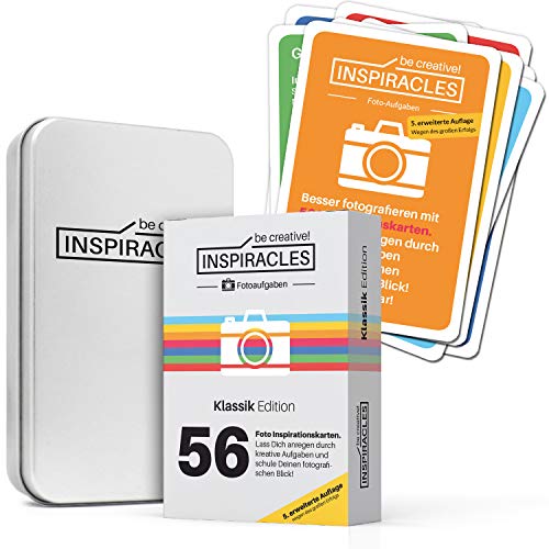 Inspiracles Foto Aufgaben – Inspiration & Fotografieren Lernen mit 52 Fotoaufgaben auf Aufgabenkarten & 10 Spickzettel - mit Metalldose
