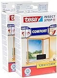 tesa Insect Stop COMFORT Fliegengitter für bodentiefe Fenster im 2er Pack - Insektenschutz selbstklebend - Fliegen Netz ohne Bohren - anthrazit (durchsichtig), 2x 120 cm x 240 cm