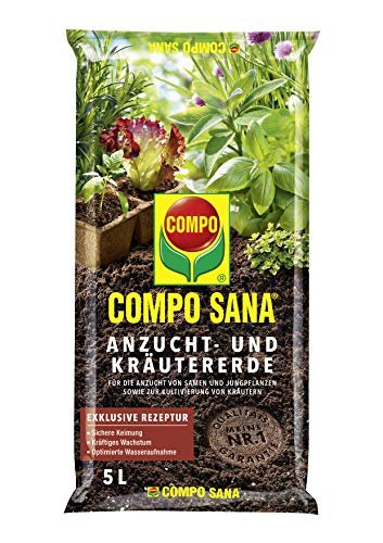 COMPO SANA Anzucht- und Kräutererde mit 6 Wochen Dünger für alle Jung- und Kräuterpflanzen, Kultursubstrat, 5 Liter