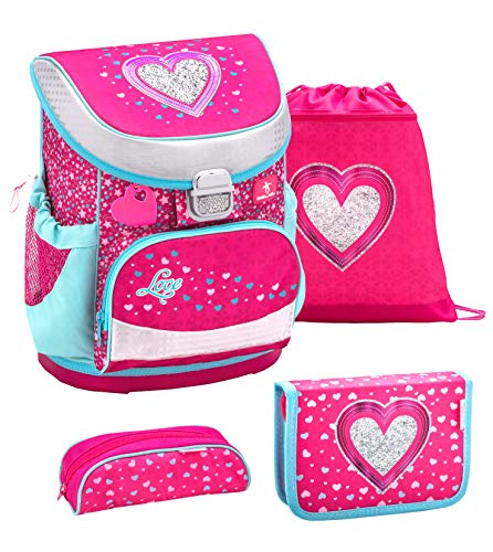 Belmil ergonomischer Schulranzen Set 4 -teilig für Mädchen 1, 2 Klasse Grundschule/Super Leicht 750-800 g/Brustgurt/Herz, Heart/Pink, Rosa (405-33 Heart)