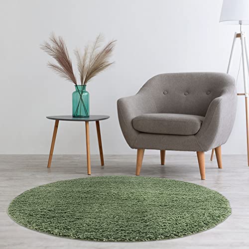 carpet city Teppich Wohnzimmer - Shaggy Hochflor Grün - 120x120 cm Rund Einfarbig - Moderne Teppiche