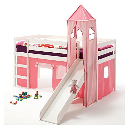 IDIMEX Rutschbett Hochbett Spielbett Bett Benny Kiefer massiv Weiss mit Turm+Vorhang pink 90 x 200 cm (B x L) mit Rutsche