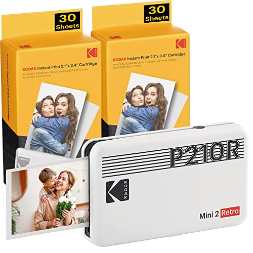 Kodak P210 Mini 2 Retro, Mobiler Handy Fotodrucker, Kompatibel mit Smartphone (iOS & Android), Bluetooth, 54x86 mm, 4Pass-Technologie, Laminierung, 68 Blatt, Weiß