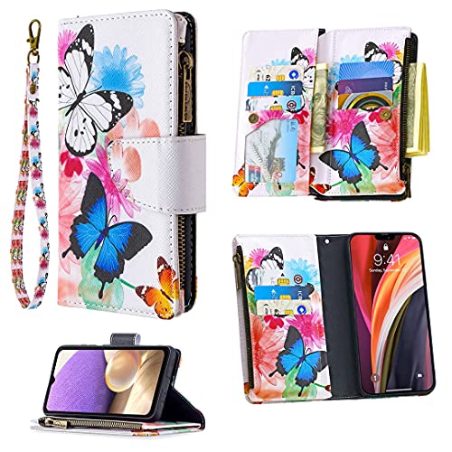 Jorisa Brieftasche Hülle für Samsung Galaxy A32 5G,Mädchen Frauen Leder Reißverschluss Geldbörse Magnetisch Handyhülle mit 9 Kartenfächer,Standfunktion,Handschlaufe-Bunt Schmetterling