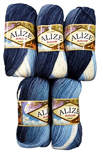 Alize Burcum Batik 5 x 100 Gramm Wolle Mehrfarbig mit Farbverlauf, 500 Gramm Strickwolle (dunkelblau blau hellblau 1899)