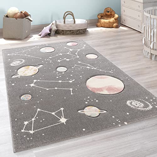 Paco Home Kinder-Teppich, Spiel-Teppich Für Kinderzimmer Mit Planeten Und Sternen, In Grau, Grösse:140x200 cm