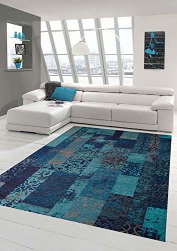 Moderner Teppich Designer Teppich Orientteppich Wohnzimmer Teppich mit Karo Muster in Türkis Blau Größe 120x170 cm
