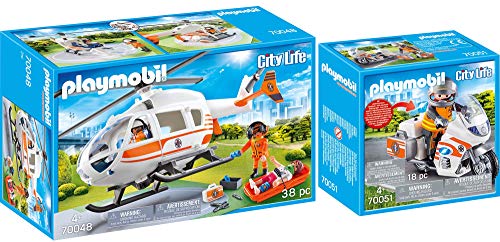 PLAYMOBIL® City Life 2er Set 70048 70051 Rettungshelikopter + Notarzt-Motorrad mit Blinklicht