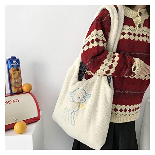 TIEHH Hobo Bag, vielseitiges Lamm wie Stoff Umhängetasche, Frauen Umhängetasche, große Kapazität Stickerei Einkaufstasche, niedliche Buchtaschen für Mädchen (Color : Beige)