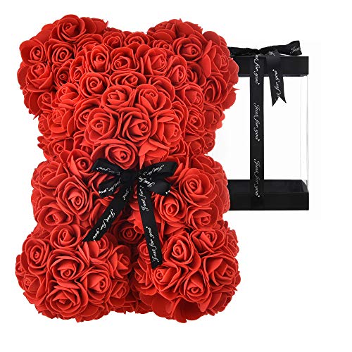 AZXU Rosenbär - Rosenteddybär auf jedem Blumenbär Vervollkommnen Sie für Jahrestag, Rosenbär, Mütter, die eingeschlossene klare Geschenkbox! 10 Zoll (red)