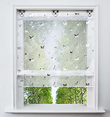 Voile Raffrollo mit Silber Heißprägen Design Raffgardine Transparent Ösenrollo Fenster Vorhang (BxH 60x130cm, Schmetterling)