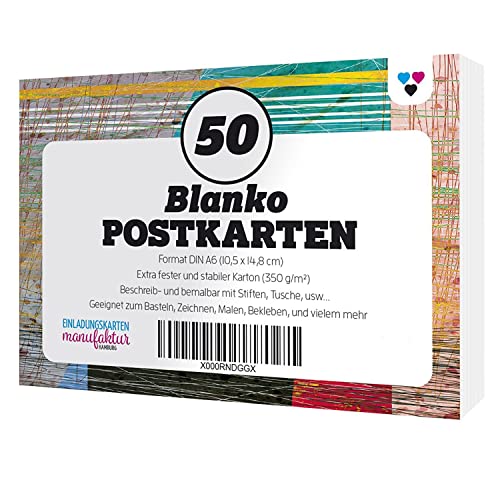 50 Blanko Postkarten/Karton weiß, extra fest (350 g/qm) / DIN A6 Format/Schnell trocknend/Be-malen/Zeichnen/Schreiben / 50 Karten im Set