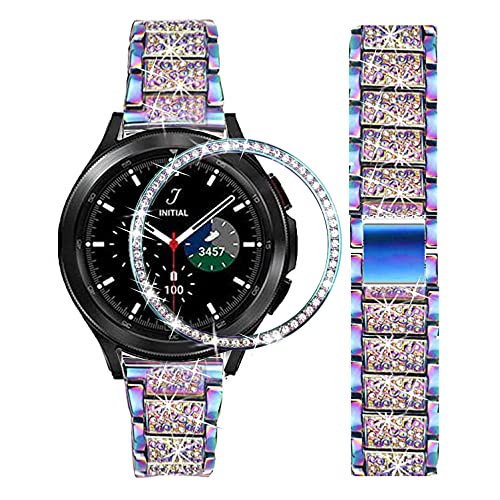 DEALELE Armband Kompatibel mit Samsung Galaxy Watch 4 Classic (46mm), 20mm Luxus Diamant Metall Armbänder mit Strass Watch Face Bezel Ring Schutzhülle Ersatz für Damen Herren, Regenbogen