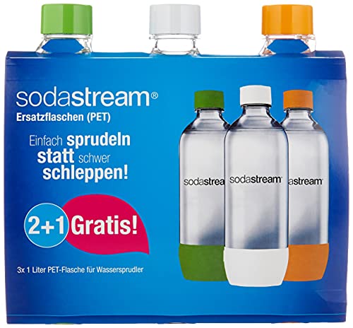 SodaStream Aktions-Set Pet-Flaschen 2+1, 3x 1L PET-Flaschen aus bruchfestem kristallklarem PET in den Farben Weiß, Grün, Orange