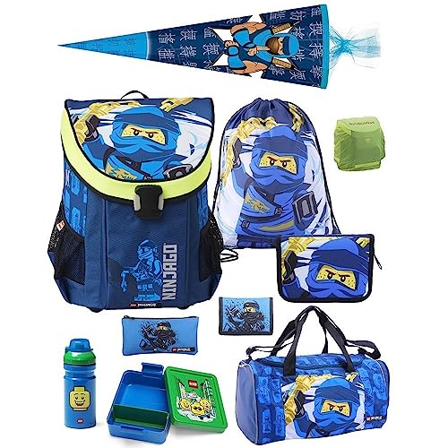 Familando Lego Ninjago Schulranzen Set 10 TLG. Easy School Bag Jay mit Federmappe, Sporttasche, Regenschutz und Ninja Schultüte 85cm Blau