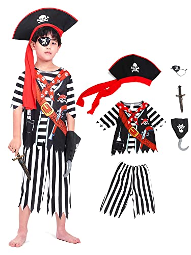 IKALI Kinder Piraten kostüme, Kleinkind Jungen Stripey High Seas Caribbean Buccaneer Kostüm Outfit für Party 110/116