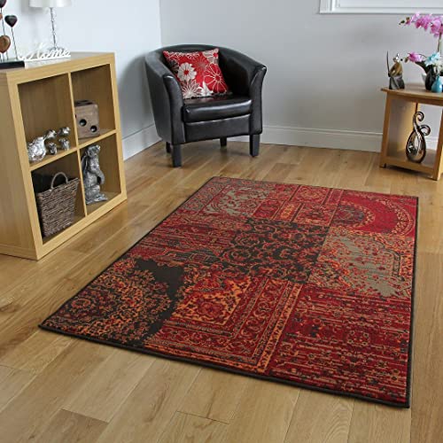 The Rug House Milan Traditioneller Teppich mit Patchwork-Muster für das Wohnzimmer in Rot-, Braun-, Grau- und Orangefarbtönen 120cm x 170cm