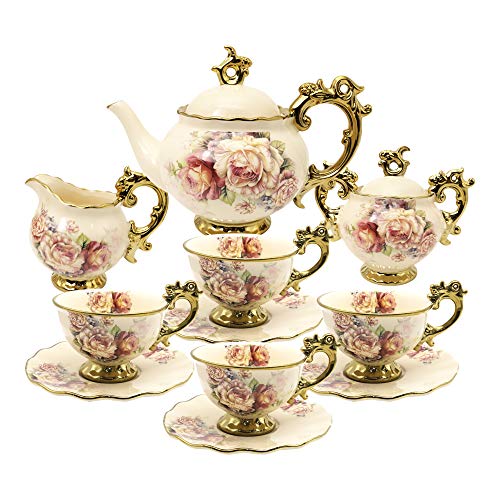fanquare 15 Stück Rose Blumen Englische Keramik Tee Sets, Vintage China Kaffee Set, Tee Service für Erwachsene