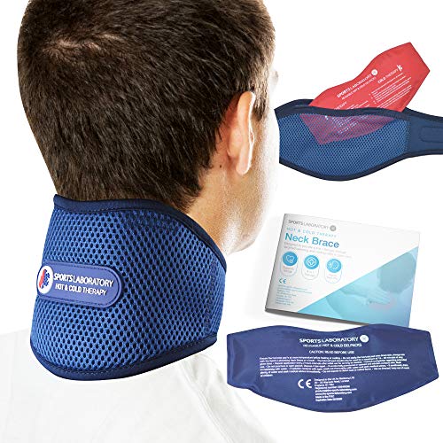Sports Laboratory Nackenbandage bei Genickschmerzen PRO+ Integrierte Kompresse für Wärme & Kältetherapie, Verstellbare Nackenstütze, Gratis Nackenschmerzen, Ratgeber (Regular (11-17 inch))
