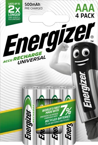 Energizer E301375700 NimH-Akku Rechargeable Universal Micro (1,2Volt 500mAh, vorgeladen 4er-Packung) Silber, AAA/Micro/LR03/500 mAh/4er