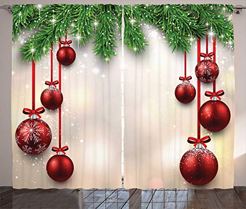 ABAKUHAUS Weihnachten Rustikaler Vorhang, Red Ball Ribbons, Wohnzimmer Universalband Gardinen mit Schlaufen und Haken, 280 x 245 cm, Grün Rot