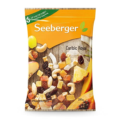 Seeberger Caribic Royal 12er Pack: Süßer Mix aus Papaya, Ananas, Mango, Weinbeeren & Apfelwürfeln mit knackigen Kokoschips, Mandeln & Cashewkernen, vegan (12 x 200 g)