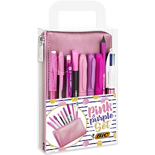 BIC Stifte Set: 2 Kugelschreiber, 1 Federmäppchen, 1 Fineliner, 2 Bleistifte, 1 Tintenroller & 3 Permanent Marker, Pink & Purple Set, Ideal als Geschenk zur Einschulung