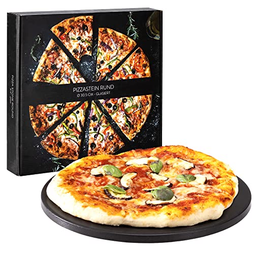 Navaris Cordierit Pizzastein XL für Backofen Grill - Ø30,5cm Pizza Stein Ofen Flammkuchen - Gasgrill Holz-Kohle Herd Teller - glasiert inkl. Rezeptbuch