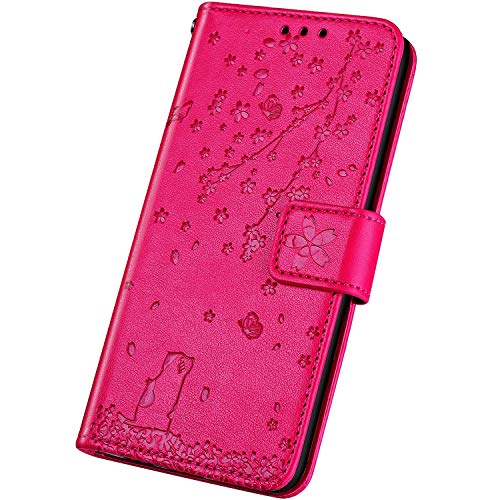 Surakey PU Leder Hülle für Samsung Galaxy J7 2016 Handyhülle Schutzhülle Kirschblüte Katze PU Leder Brieftasche Flip Case Wallet Tasche Klapphülle Handytasche Ständer Kartenfächer,Rose Rot