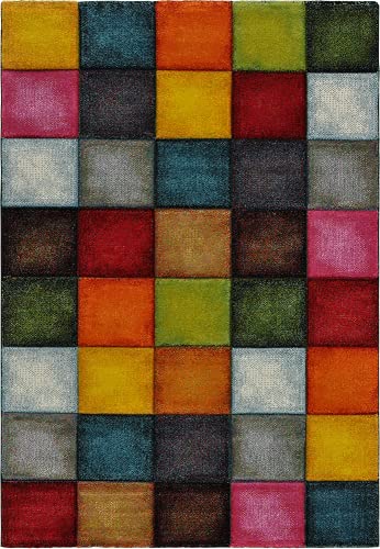 Paco Home Kurzflor Wohnzimmer Teppich Bunt Karo Design Quadrate Mehrfarbig Farbenfroh, Grösse:80x150 cm