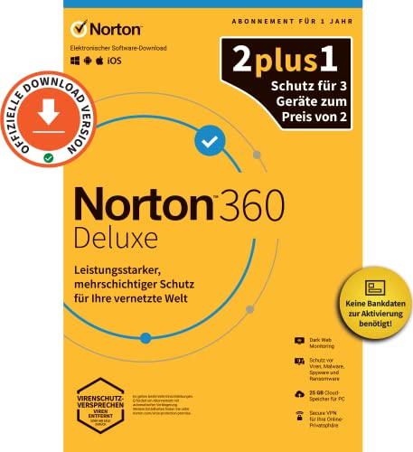 Norton 360 Deluxe 2022 | 3-Geräte 2+1 | 1 Benutzer | 1 Jahr | PC/Mac/Mobile | Aktivierungscode per Email