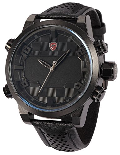 Shark Herren Armbanduhr LED Analog Digital Extragroß Uhrgehäuse Lederband