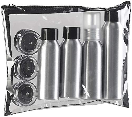 Sichler Beauty Reiseflaschen Set: Reise-Reißverschluss-Tasche mit 7 Alu-Behältern fürs Reisegepäck (Sprühflaschen)