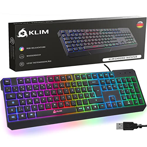 KLIM Chroma Gaming Tastatur QWERTZ DEUTSCH mit Kabel USB + Neue 2022 Version + Langlebig, Wasserdicht, Leise Tasten + RGB Gamer Tastatur für PC Mac Xbox One X PS4 PS5 Tastatur + Schwarz