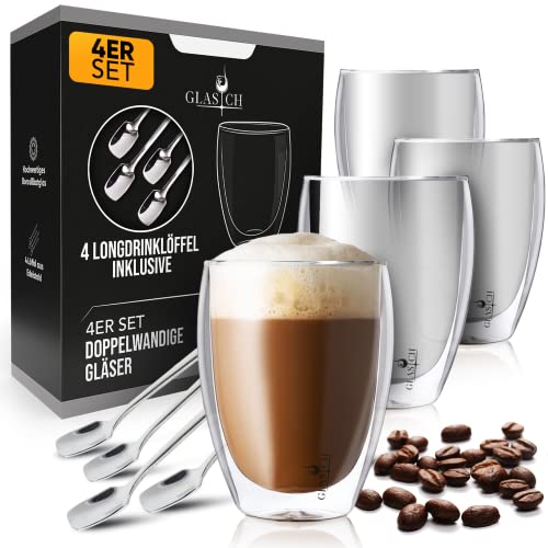 Glasich® 4X Latte Macchiato Gläser mit Löffel im Set Borosilikatglas 350ml - Doppelwandige Kaffee Cappuccino Gläser - Thermogläser doppelwandig - Teegläser Gläser Set - Espresso Tassen coffee mug