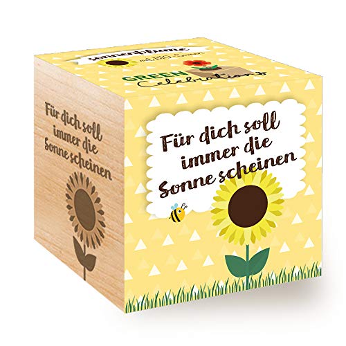Feel Green Celebrations Ecocube, Sonnenblume Bio Samen, Holzwürfel Mit Lasergravur «Für Dich Soll Immer Die Sonne Scheinen», Nachhaltige Geschenkidee, Anzuchtset, Made in Austria