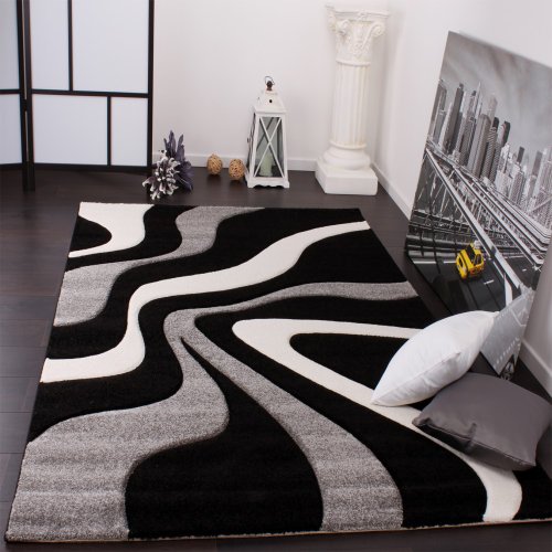 Paco Home Designer Teppich mit Konturenschnitt Wellen Muster Schwarz Grau Weiss, Grösse:160x230 cm
