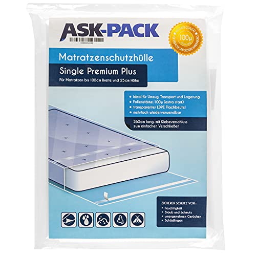 ASK Pack Premium Matratzenhüllen mit KLEBEVERSCHLUSS - Passgenau – 5 Größen für 90 bis 200 cm breite Matratzen - 100µ bis 140µ Ultra stark - wasserdicht und reißfest - Ideal für Lagerung & Transport