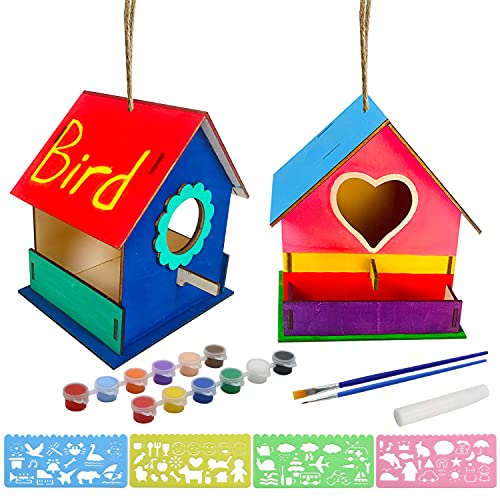 KUWAN Vogelhaus Bausatz Kinder ,2 Stück DIY vogelhaus zum bemalen Kit Vogelhaus Pigment Bemalen Unvollendete Set, Bauen und malen Sie Birdhouse Wooden Arts für Kinder