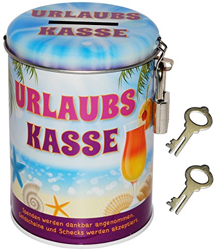 alles-meine.de GmbH Spardose - Urlaubs Kasse - mit 2 Schlüssel und Schloss - Blechdose - stabile Sparbüchse aus Metall - Geld Sparschwein / Blechspardose - für Kinder & Erwachsen..