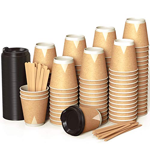 100 Doppelwand Kraft Pappbecher 240 ml Coffee to Go mit Deckel und Holz Rührstäbchen Zum Servieren von Kaffee, Tee, Heißen und Kalten Getränken