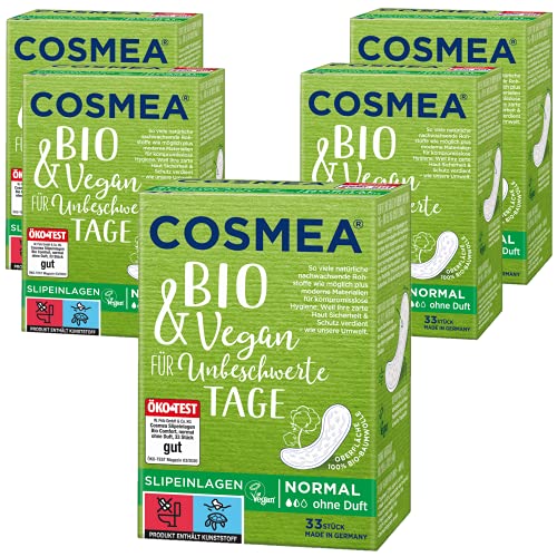 Cosmea Bio-Slipeinlagen Normal, ohne Duft, Vorteilspack (5 x 33 Stk). Hygiene-Einlagen aus Bio-Baumwolle. Damen-Hygiene im Einklang mit der Natur