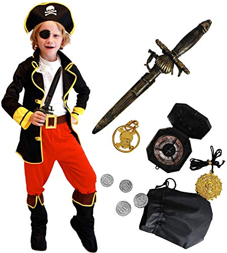 Tacobear Piratenkostüm Kinder mit Piraten Zubehöre Piraten Augenklappe Dolch Kompass Geldbeutel Ohrring Gold medasie Kinder Piraten Fancy Dress Kostüm Jungen (M 4-6 Jahre)