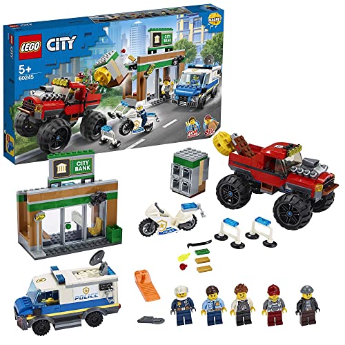 LEGO 60245 City Polizei Raubüberfall mit dem Monster-Truck, Bauset mit Van, Motorrad, Bankgebäude und Magnet-Stein