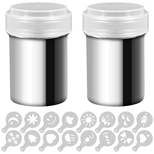 Senhai 2 Edelstahl Powder Shakers, Mesh Shaker Pulver Dosen für Kaffee Kakao Zimt Pulver mit Deckel, mit 16 Stück Druckformen Schablonen
