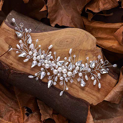 Unicra Crystal Bride Wedding Hair Vine Silver Pearl Headband Bridal Hair Accessories for Women and Girls